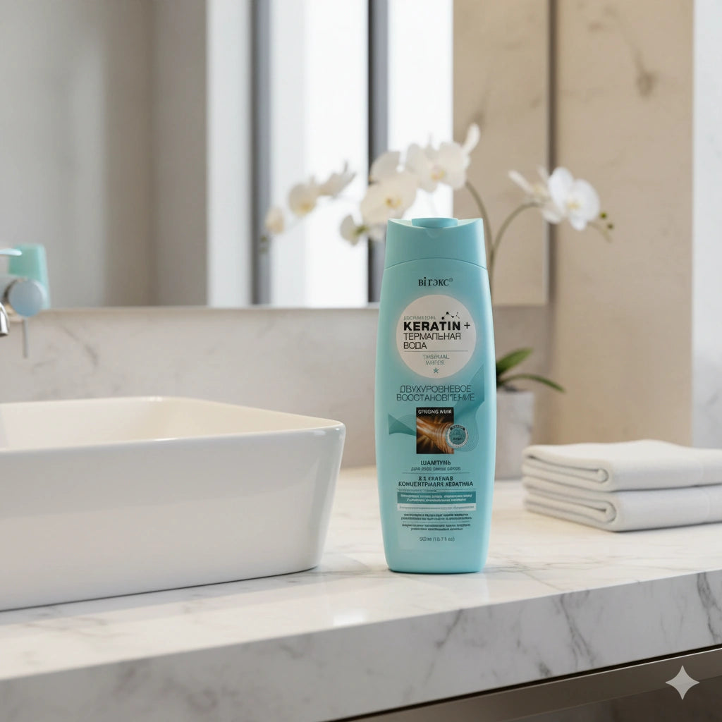Blue shampoo bottle on a bathroom counter with a sink and mirror in the background