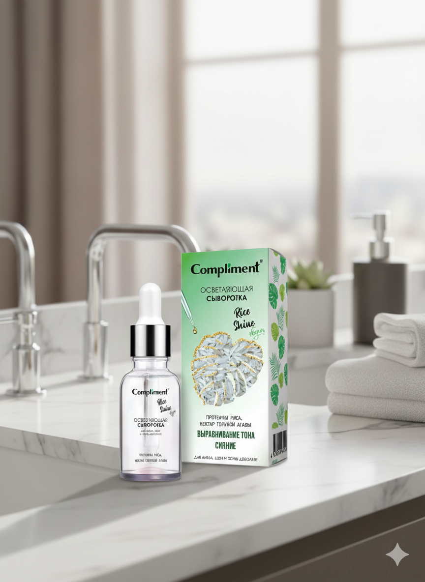 Bottle and box of Compliment skincare product on a bathroom counter
