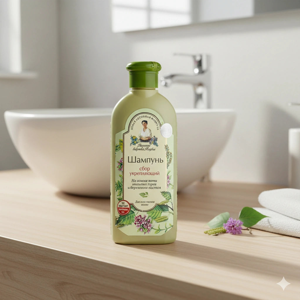 Bottle of shampoo on a bathroom counter with a blurred background