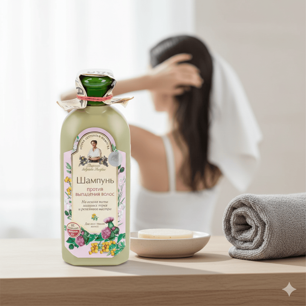 Bottle of shampoo with a woman washing her hair in the background