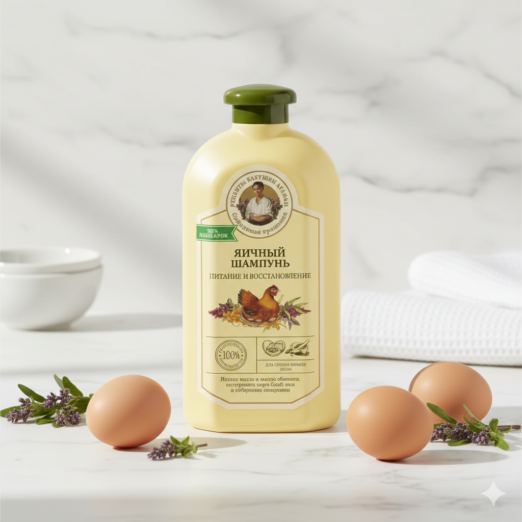Bottle of shampoo with eggs and lavender on a white background