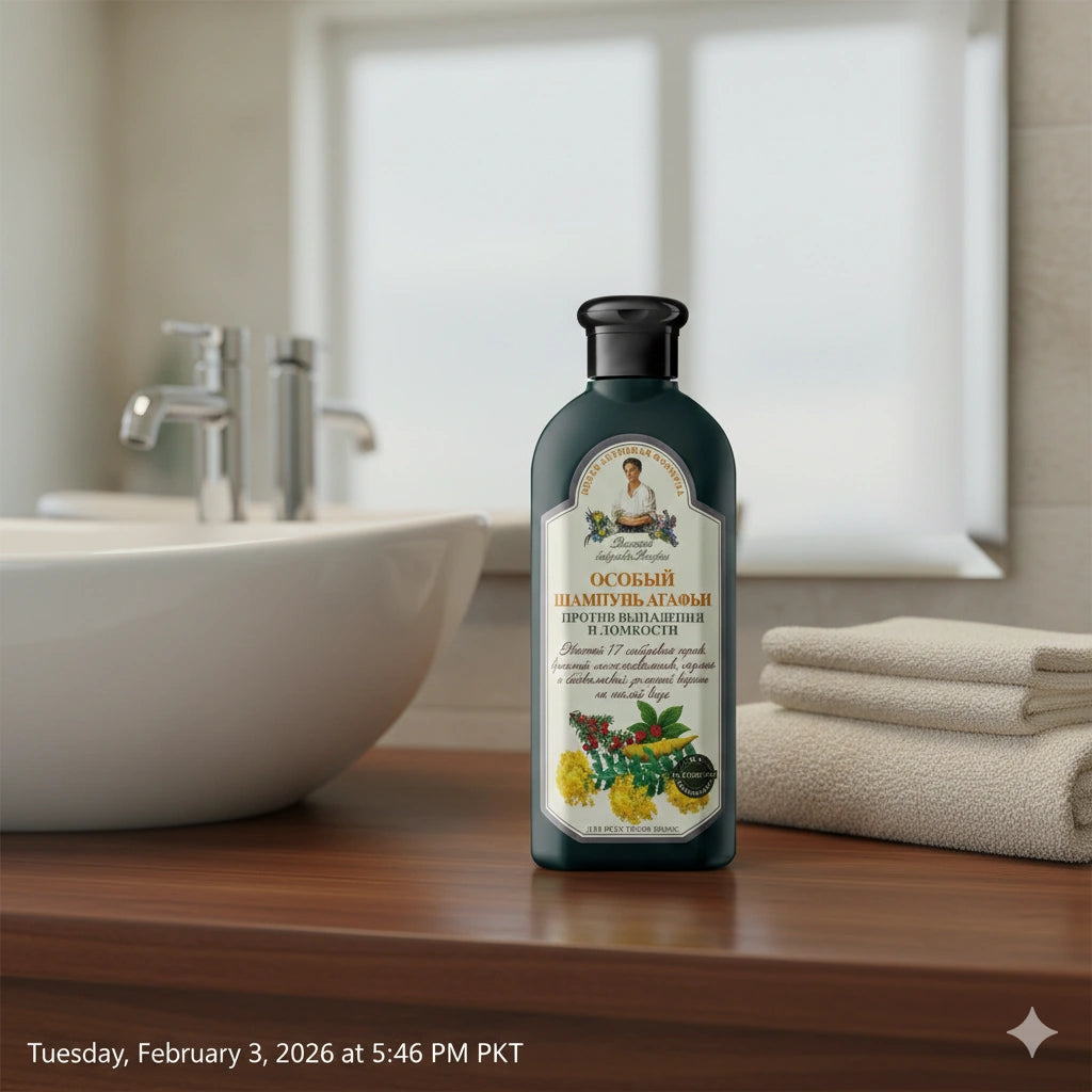 Bottle of soap on a bathroom counter with sink and towels in the background