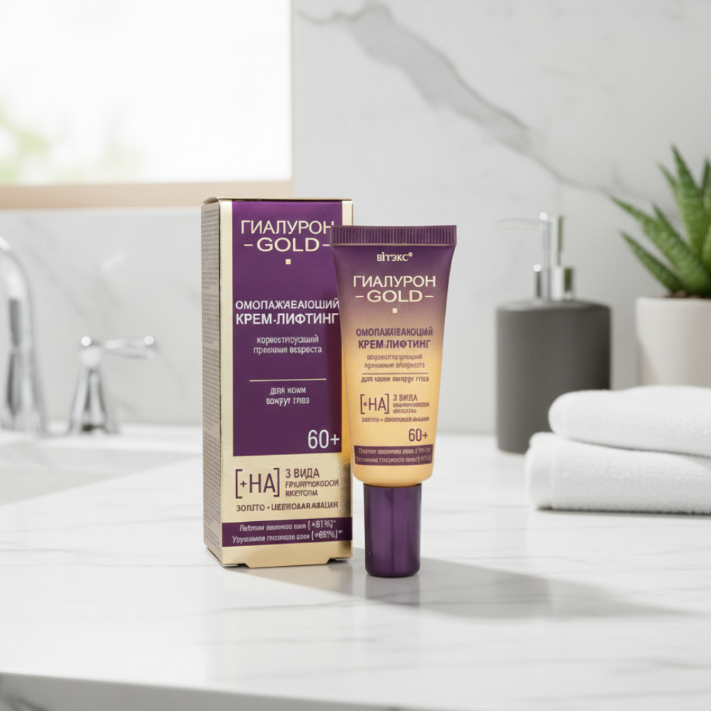 Cosmetic tube and packaging of 'Гиалурон-Gold' on a white background