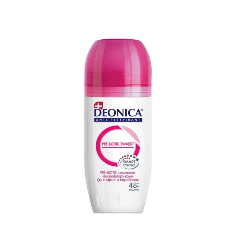 Deonica anti-perspirant bottle with pink cap on a white background