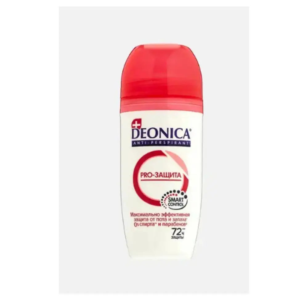 Deonica antiperspirant deodorant bottle with red cap on a white background