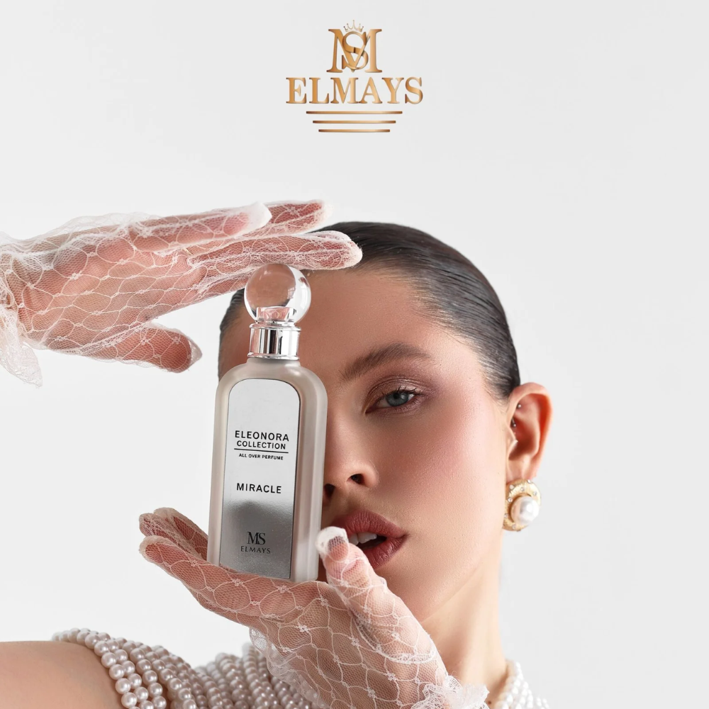 Elmays skincare product with a woman holding it near her face on a light background