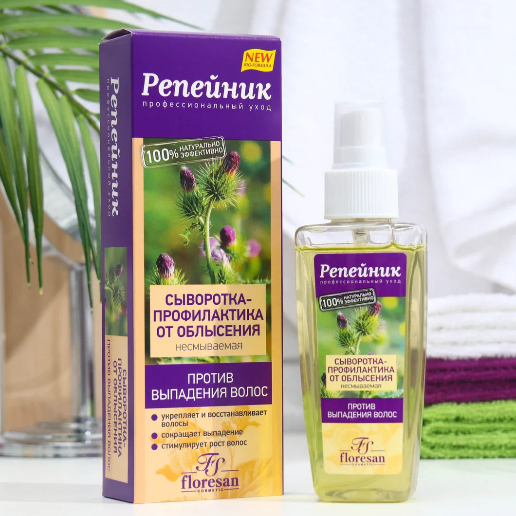 Floreasan hair care product packaging with purple and green design on a white background