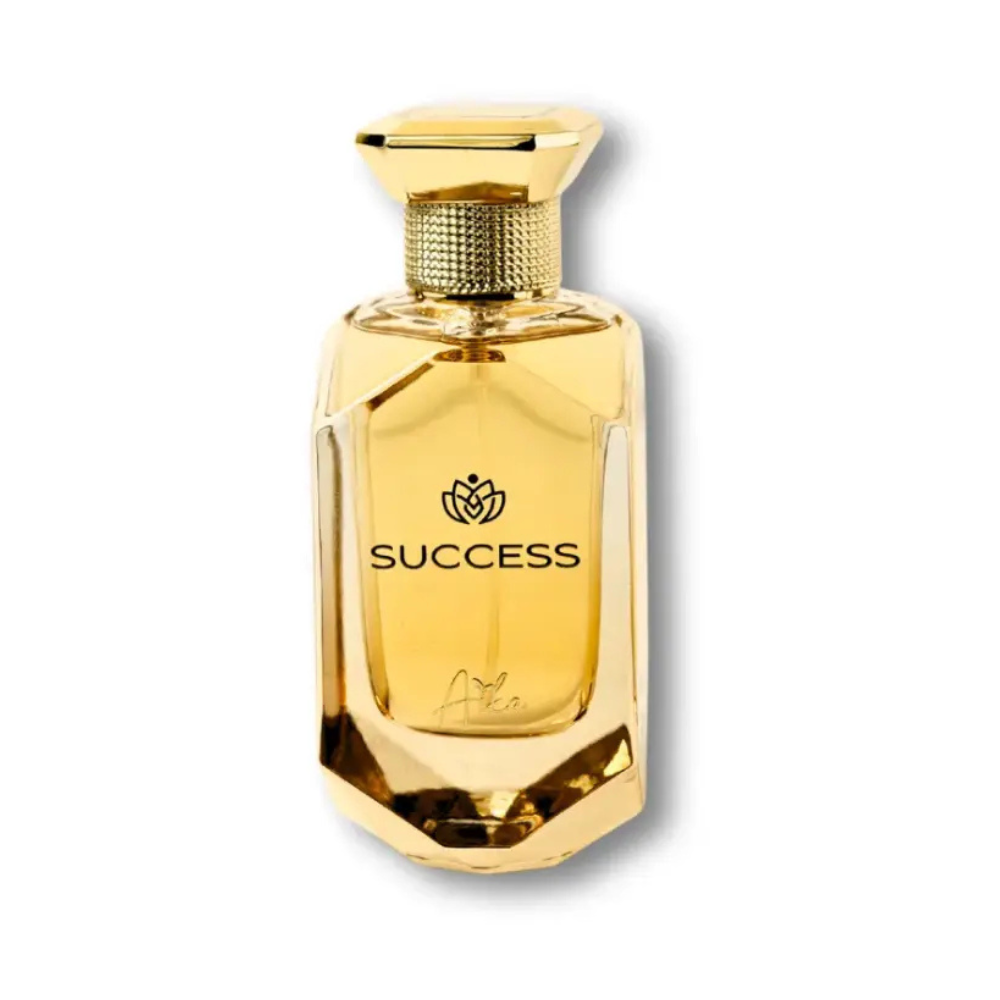 Gold 'SUCCESS' perfume bottle on a white background