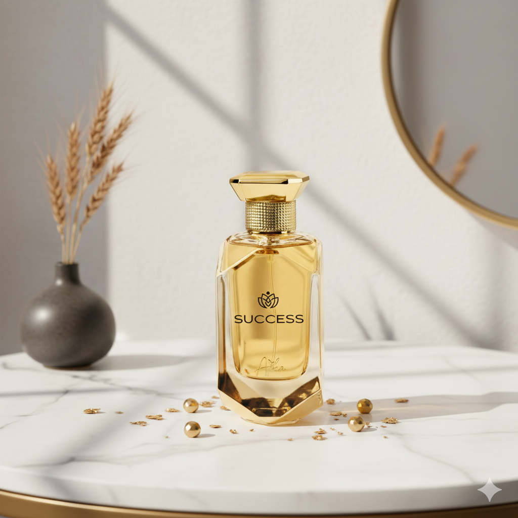 Gold 'SUCCESS' perfume bottle on a white background