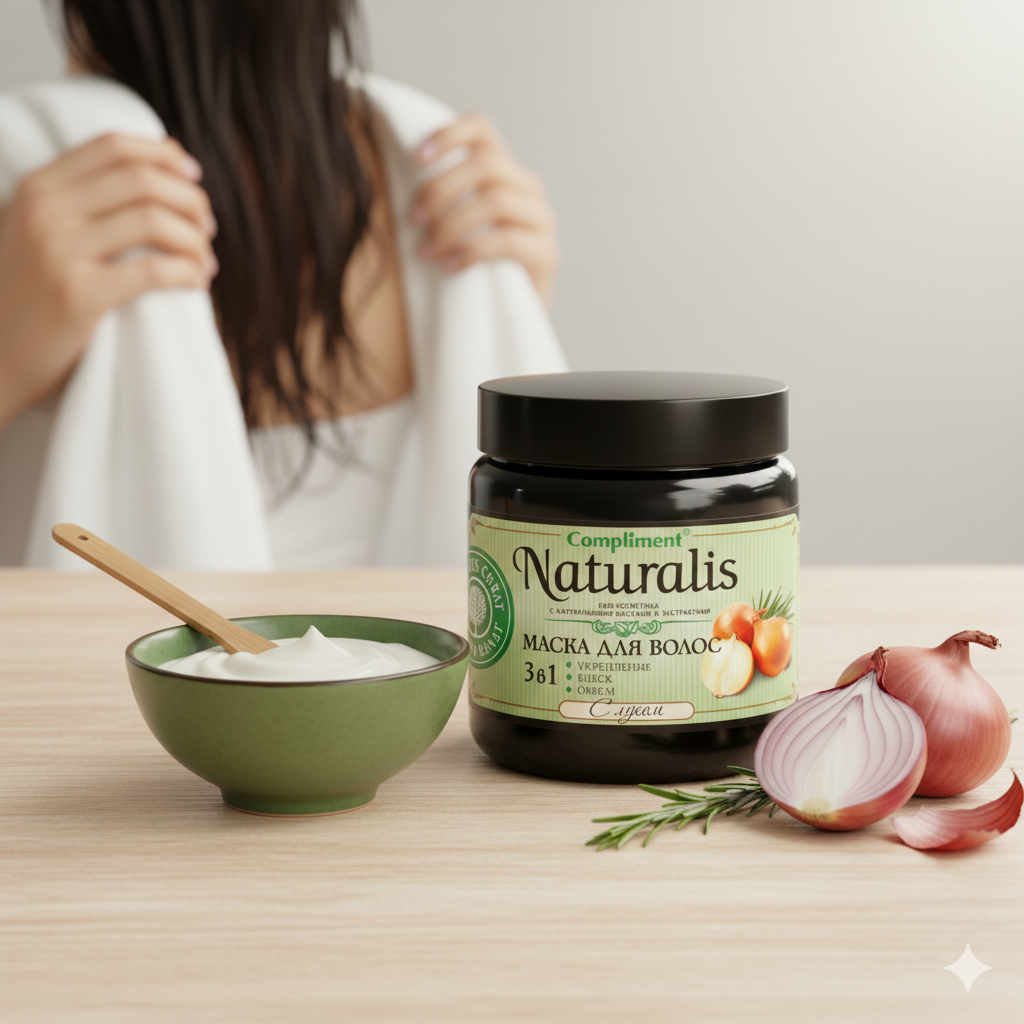 Jar of Compliment Naturalis hair mask on a table with a bowl and ingredients.