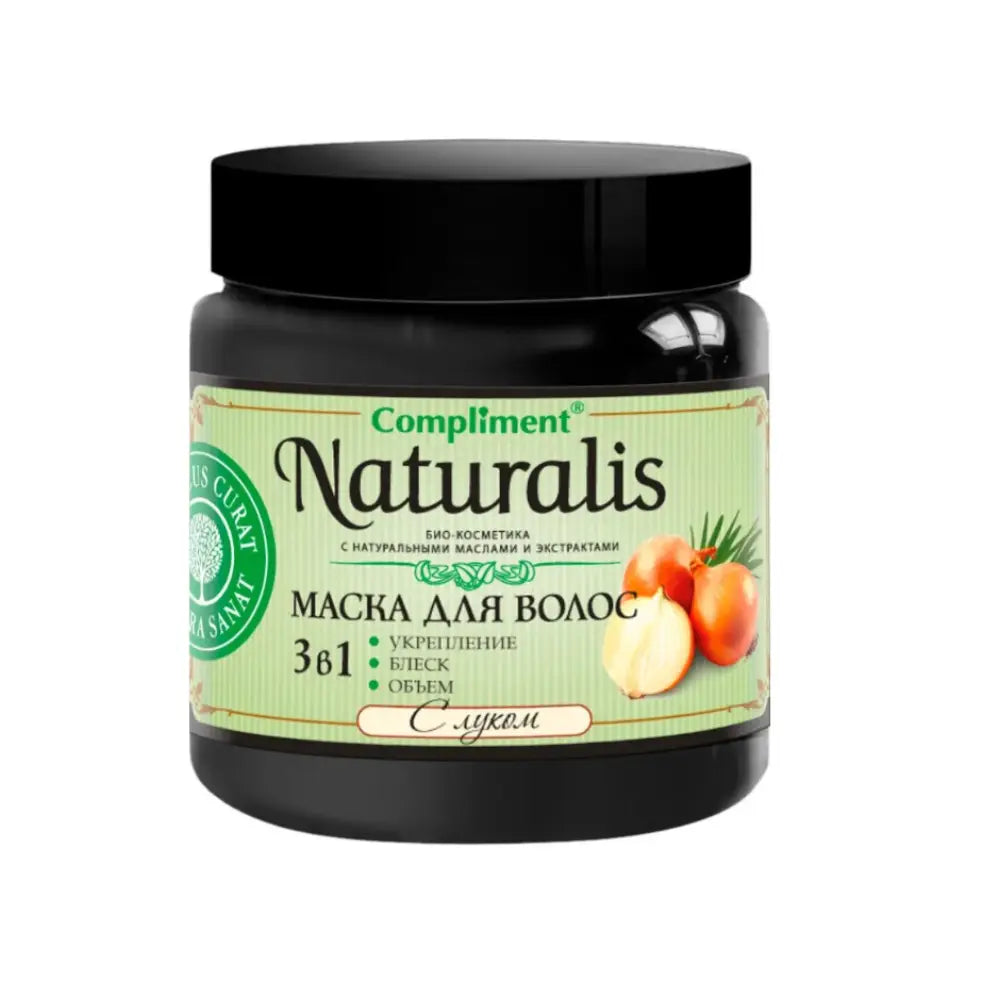 Jar of Compliment Naturalis hair mask with green label and black lid on white background