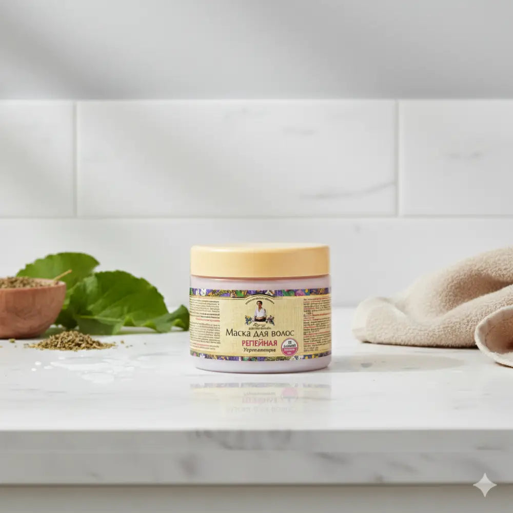 Jar of hair mask on a marble surface with a white tiled wall in the background