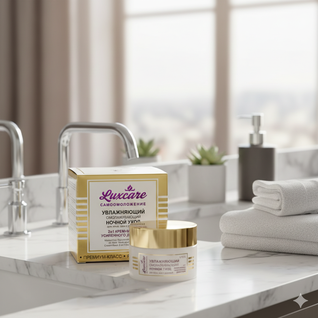 Luxcare skincare product packaging with gold accents on a white background
