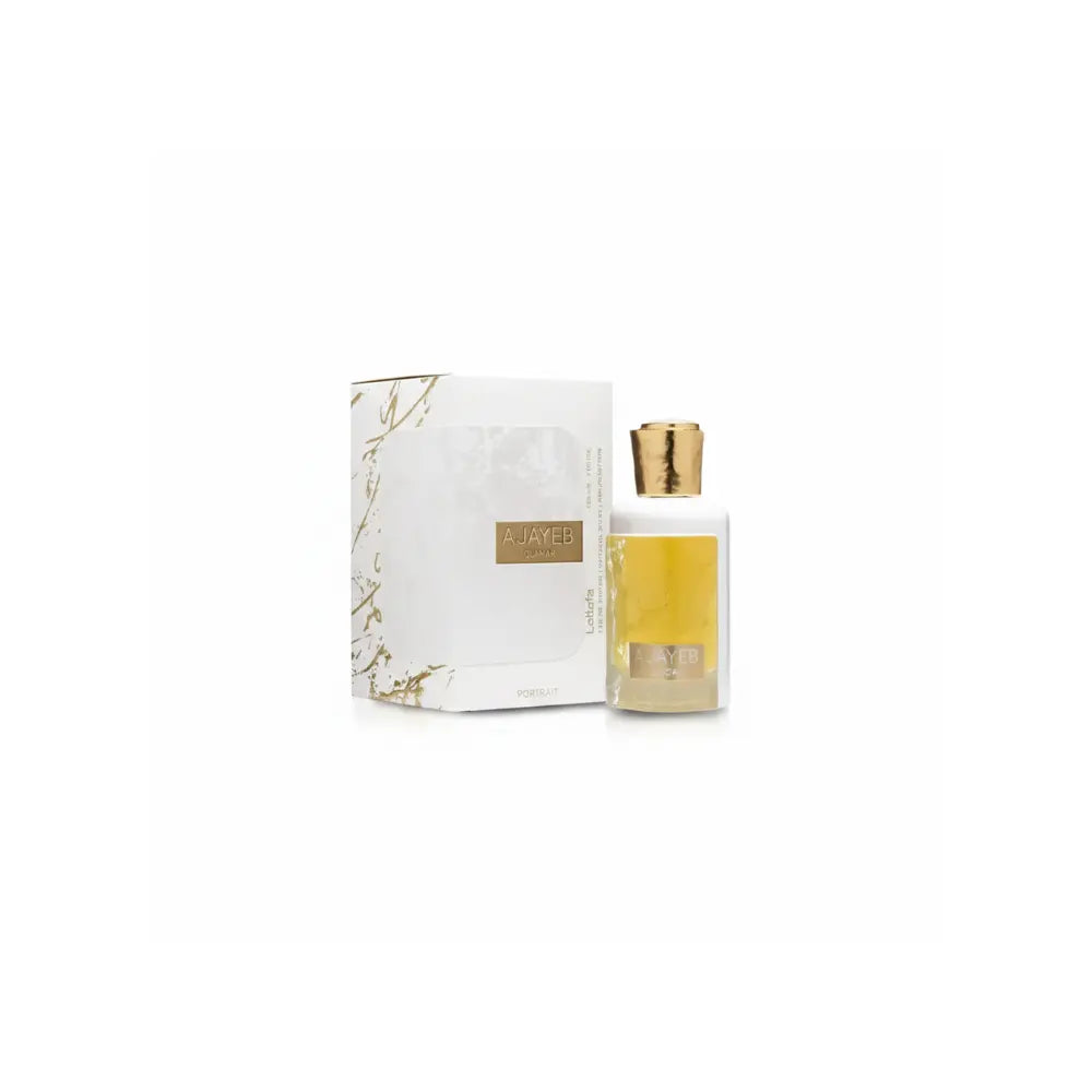 Perfume bottle and packaging with gold accents on a white background