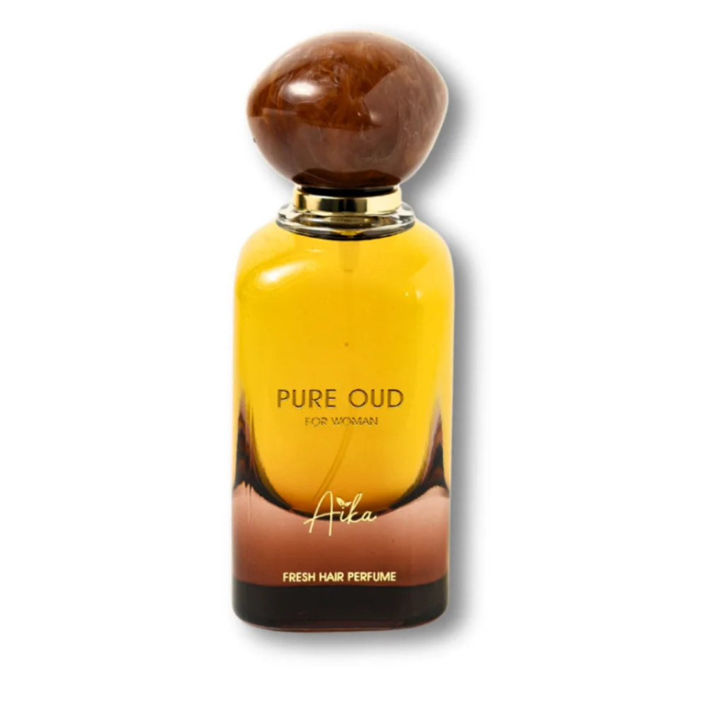 Perfume bottle labeled 'Pure Oud' with a wooden cap on a white background