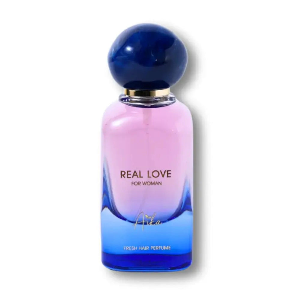 Perfume bottle labeled 'Real Love for Woman' with a blue and pink gradient on a white background