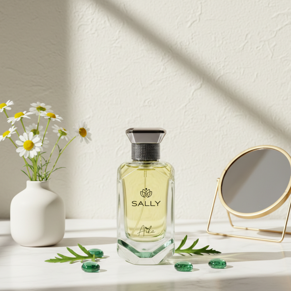 Perfume bottle labeled 'Sally' on a white background
