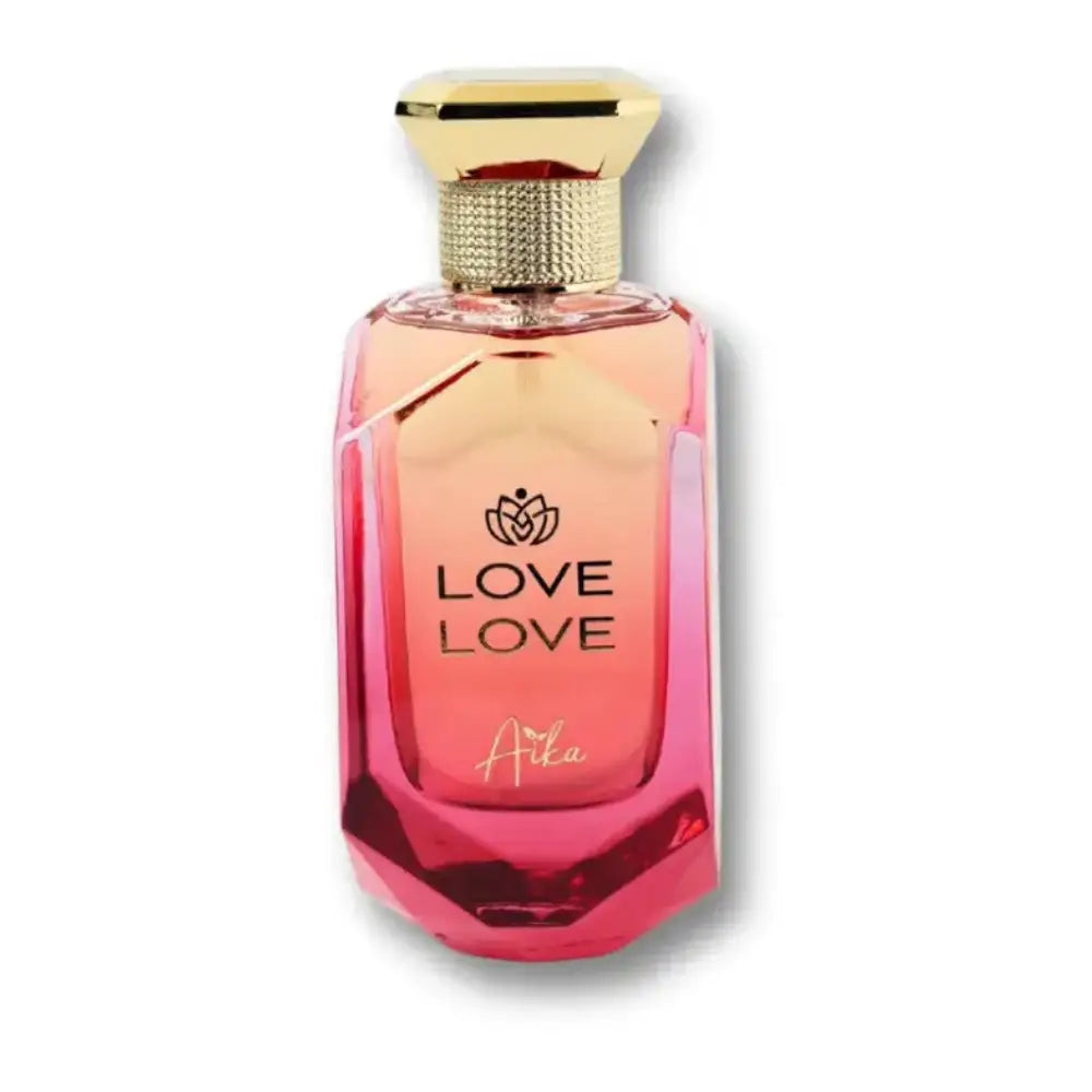 Perfume bottle with gold cap and pink body on a white background
