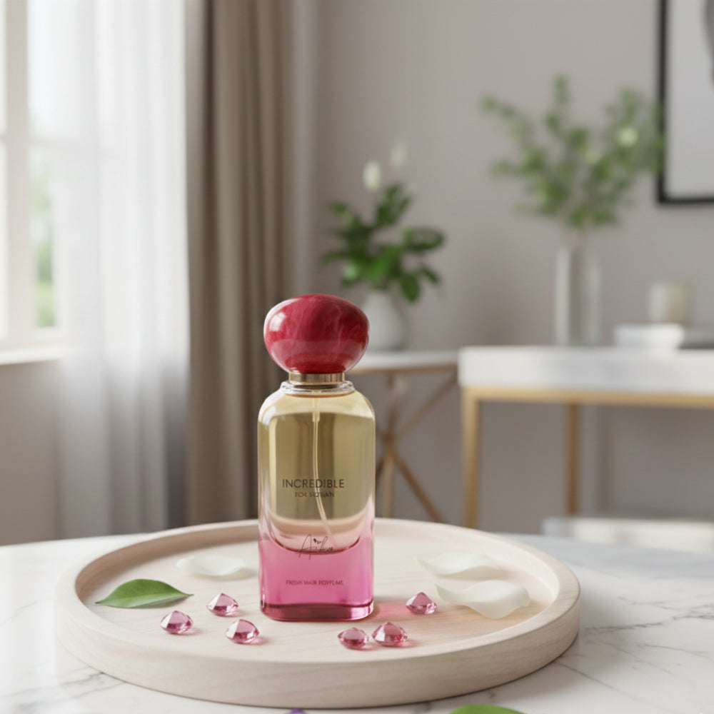 Perfume bottle with a gradient design and 'Incredible' branding on a white background