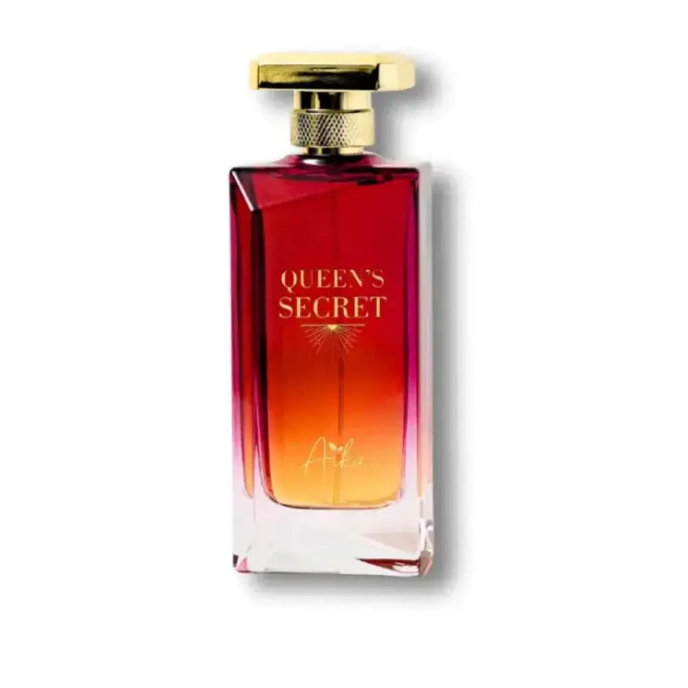 Perfume bottle with red and gold design on a white background
