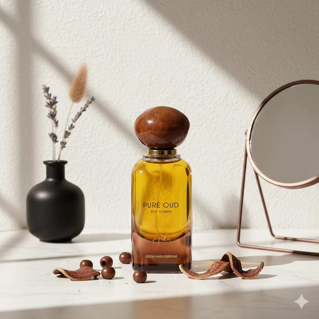 Perfume bottle labeled 'Pure Oud' with a wooden cap on a white background