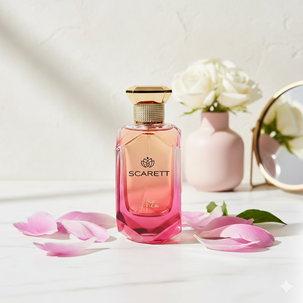Pink perfume bottle with 'Scarlett' branding on a white background