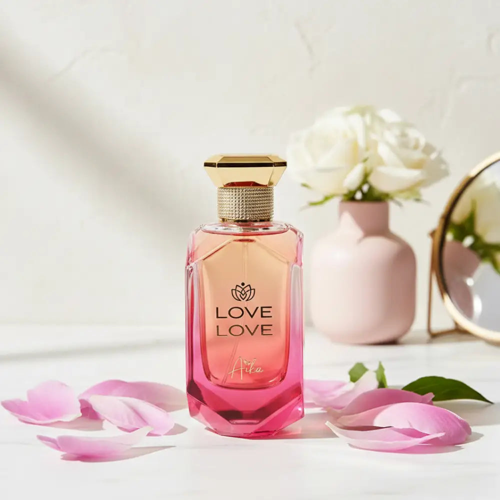 Perfume bottle with gold cap and pink body on a white background