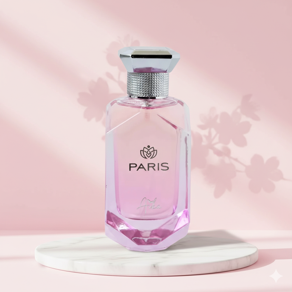 Pink perfume bottle with silver cap on a white background