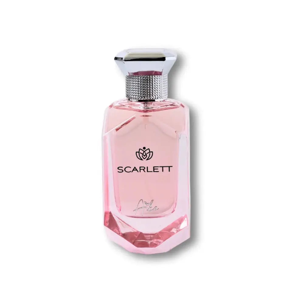 Pink perfume bottle with 'Scarlett' branding on a white background