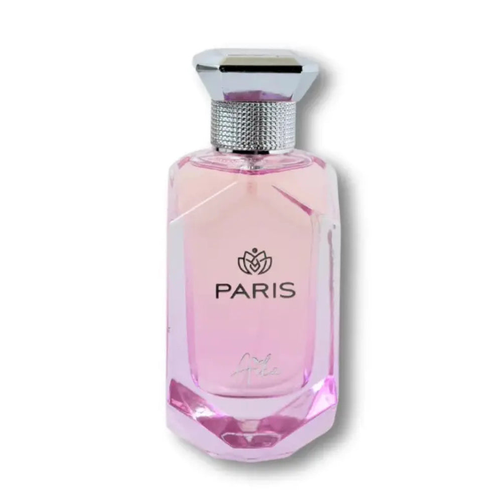 Pink perfume bottle with silver cap on a white background