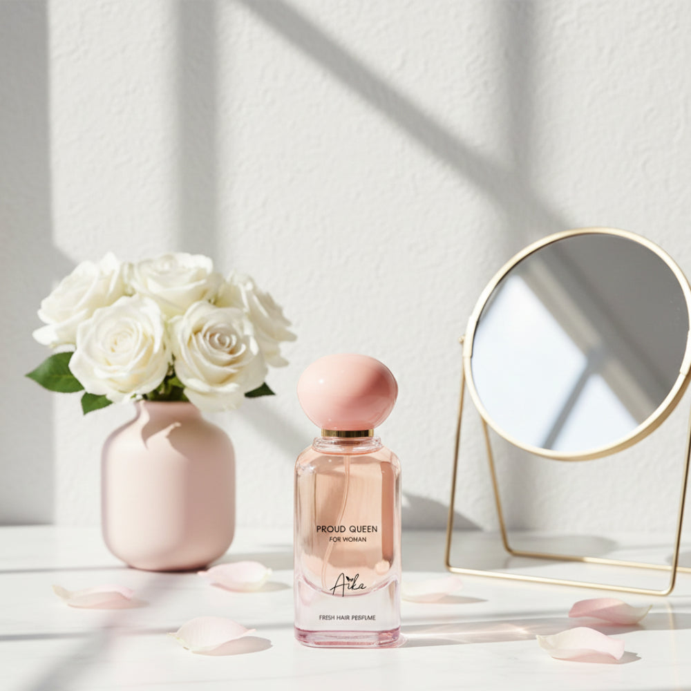 Pink perfume bottle with white roses and a mirror on a light surface