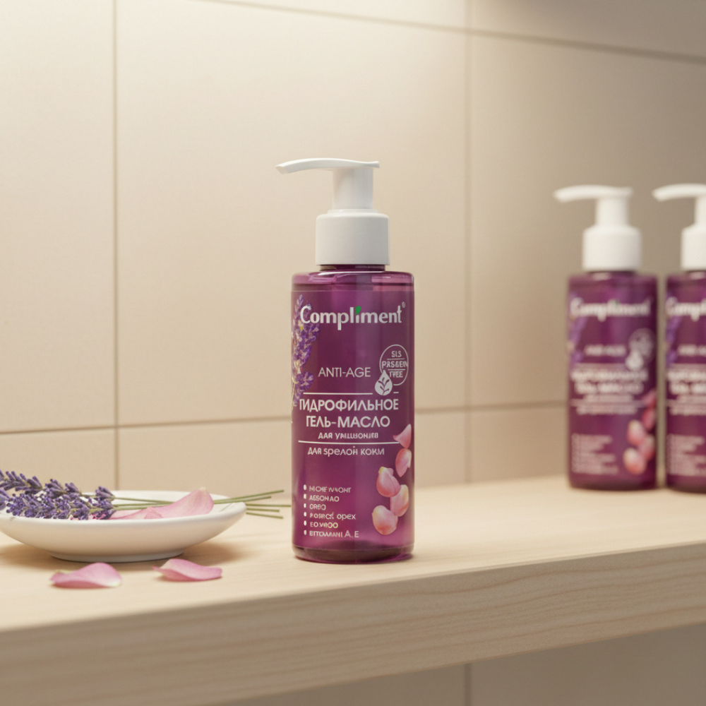 Purple bottles with white pumps on a wooden shelf against a beige tiled wall.