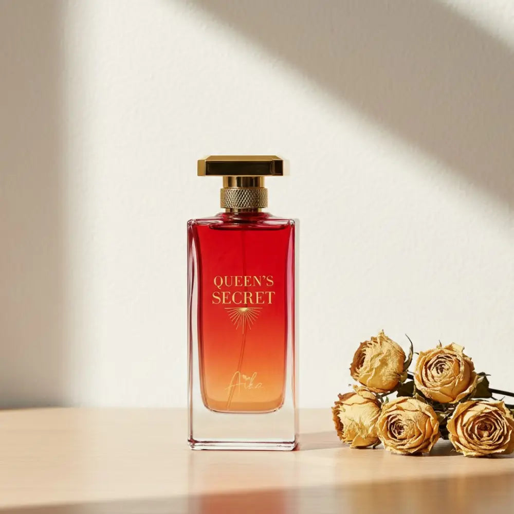 Perfume bottle with red and gold design on a white background